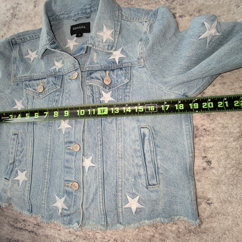 Zenana M Cropped Star Embroidered Denim Jacket Light Wash Raw Hem Western Y2K - Picture 7 of 14